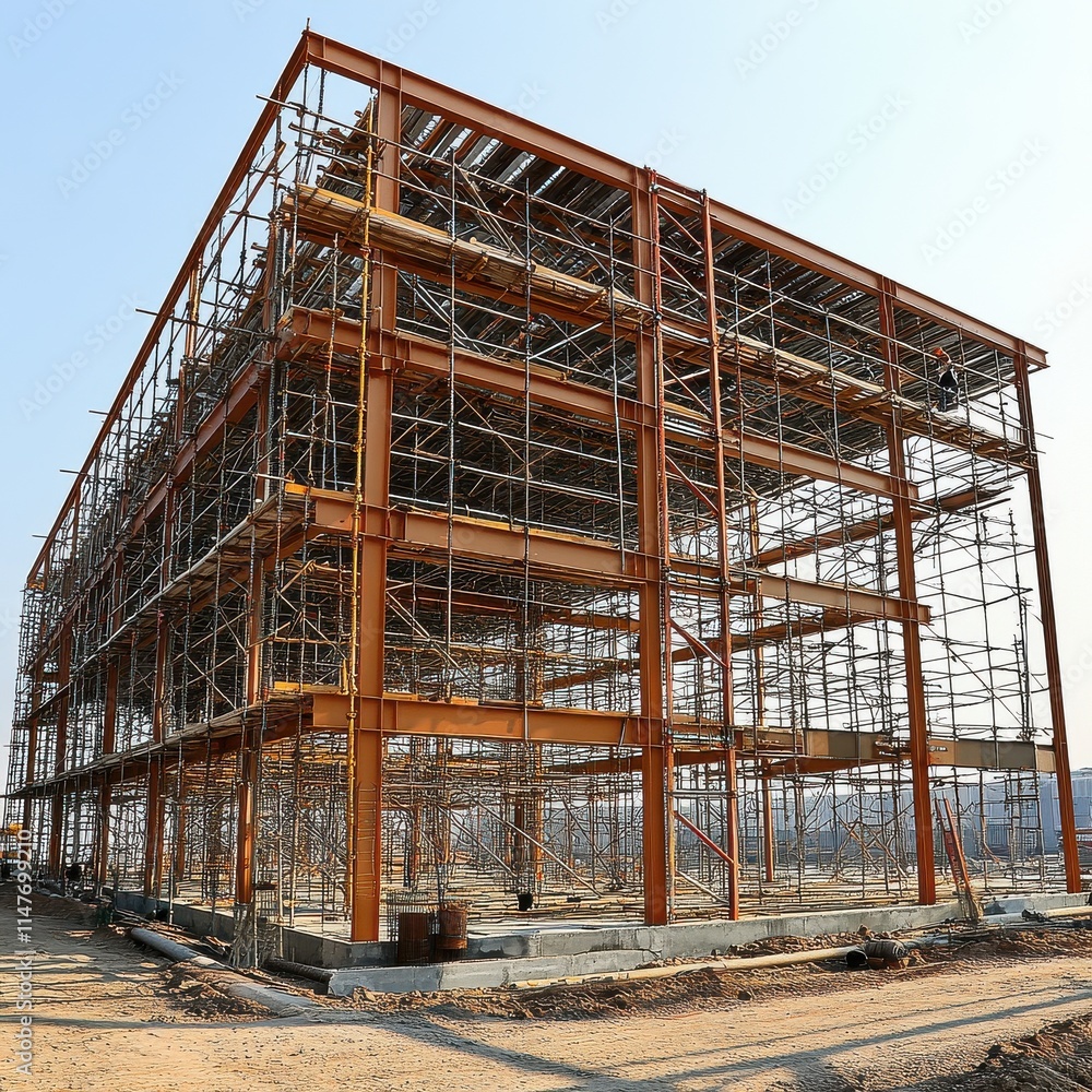 A large steel structure under construction, showcasing intricate scaffolding and a sturdy framework against a clear sky. A large steel structure under construction, showcasing intricate scaffolding and a sturdy framework against a clear sky.
