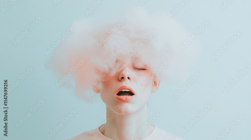 A person with a dreamy expression, surrounded by pink cloud-like wisps against a light background. A person with a dreamy expression, surrounded by pink cloud-like wisps against a light background.