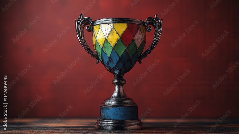 A colorful trophy with a silver base, featuring a diamond pattern, set against a warm red background.