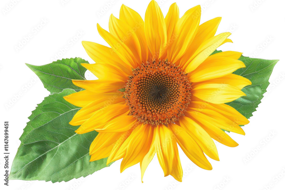 Fototapeta premium Sunflower Blooms Brightly with Green Leaves on Black Background, Summer Floral Beauty.