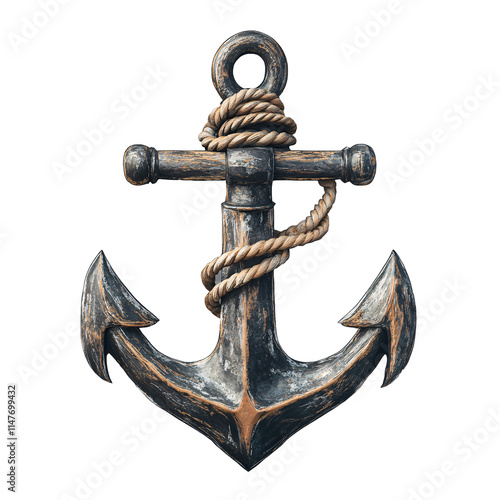 Vintage ship anchor with rope isolated on transparent background. photo