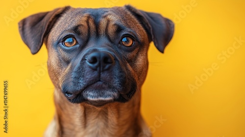 Adorable Dog Portrait Captured Against Bright Yellow Background