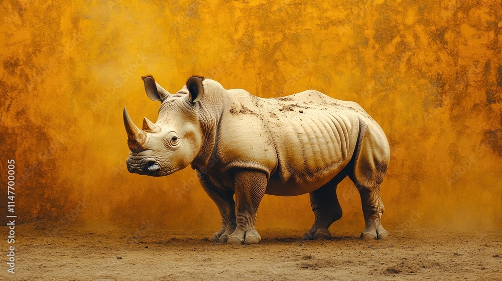 Fototapeta premium White rhinoceros standing against a textured yellow background.