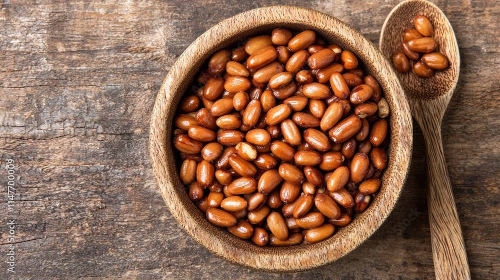 Fototapeta premium Roasted Pine Nuts in Wooden Bowl Healthy Snack Gourmet Food