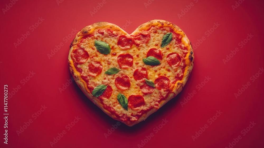 Fototapeta premium Heart shaped pepperoni pizza served on color background,Set of Valentine day,love and romantic banner,dating couple,dinner holiday meal concept,Romantic wedding.