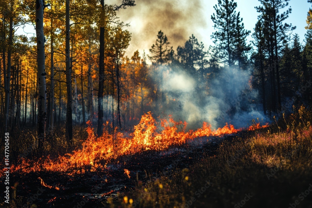 Forest fire raging through autumnal woods, smoke billowing. Illustrates wildfire danger, environmental impact. Forest fire raging through autumnal woods, smoke billowing. Illustrates wildfire danger, environmental impact.
