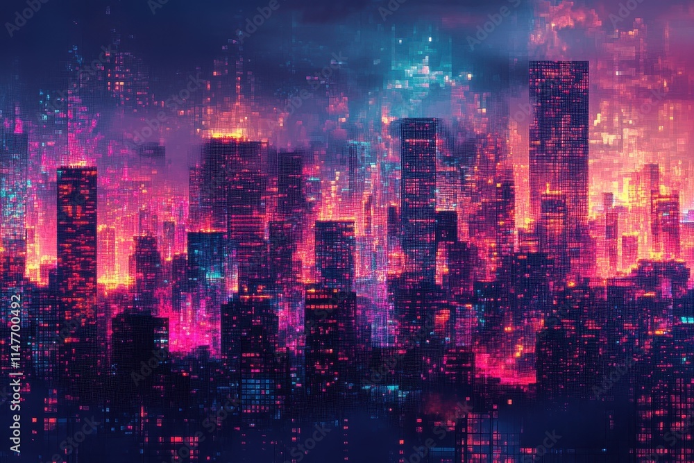 Pixelated Cityscape with Neon Lights at Night Pixelated Cityscape with Neon Lights at Night