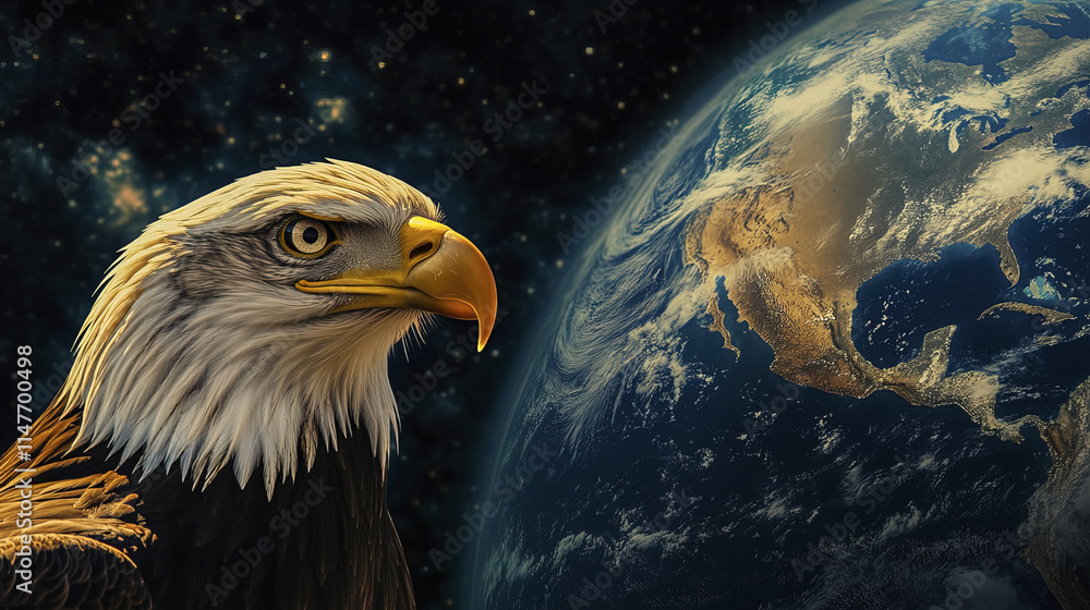Fototapeta premium Majestic bald eagle soaring against stunning view of Earth in space