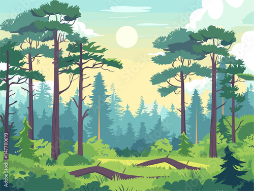 Temperate Forest Landscapes: A Serene Canvas of Seasonal Hues and Everlasting Greenery in Pristine Animated Illustrations