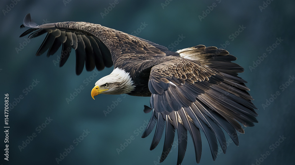Fototapeta premium Majestic bald eagle soaring with wings spread wide in sky