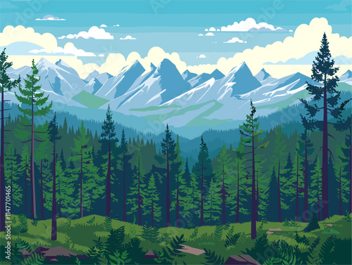 Boreal Forest Tapestry: A Serene Coniferous Panorama in Animated Splendor