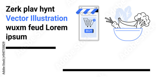 A smartphone displaying a shopping cart with a BUY button, next to a bowl filled with fresh vegetables. Ideal for e-commerce, online shopping, grocery apps, healthy lifestyle, digital marketing, UI