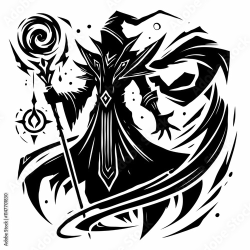 Dark Wizard Silhouette with Staff and Cloak