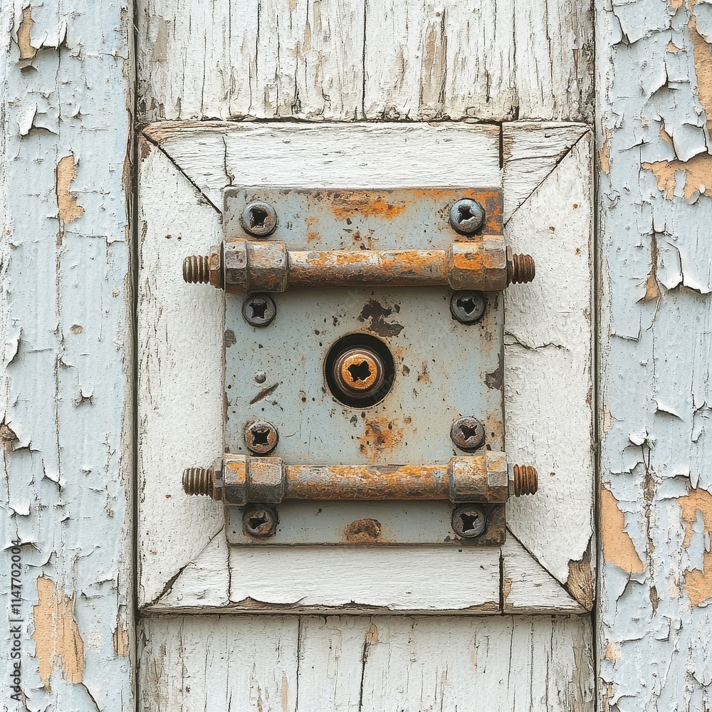 Close-up of an old, rusty bolt and lock on a weathered wooden surface with peeling paint. Close-up of an old, rusty bolt and lock on a weathered wooden surface with peeling paint.