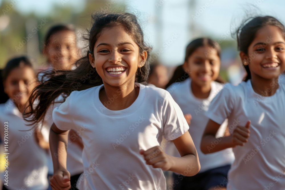 A group of school girls of Indian ethnicity running together in the outdoor A group of school girls of Indian ethnicity running together in the outdoor