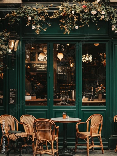 A charming cafe exterior features green walls, floral decor, and cozy wicker seating, inviting patrons to relax.