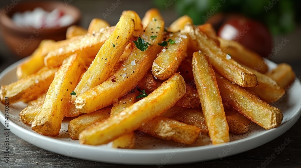A plate of golden, crispy French fries garnished with herbs, served as a delicious snack. A plate of golden, crispy French fries garnished with herbs, served as a delicious snack.