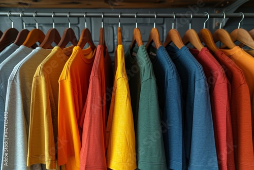 Wallpaper Mural Brightly colored t shirts in a rainbow of hues neatly arranged on wooden hangers. This organized display emphasizes variety and a cheerful, vibrant wardrobe style. Torontodigital.ca