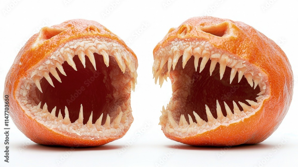 Two oranges carved into monstrous faces with sharp teeth, isolated on white. Two oranges carved into monstrous faces with sharp teeth, isolated on white.