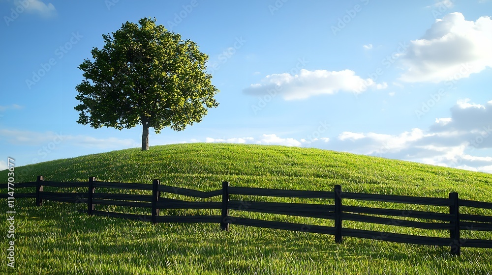Green Landscape with a Tree on the Hill and Fence Green Landscape with a Tree on the Hill and Fence
