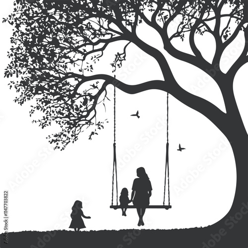  silhouette of a little girl sitting on a swing suspended from a sprawling tree, her mom standing under the tree, 