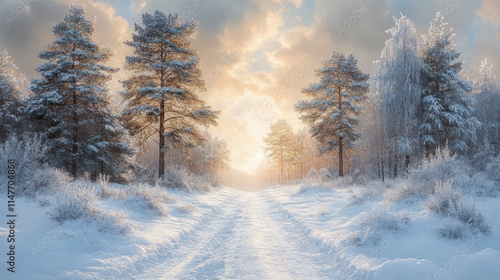 Naklejka premium Snow-covered path through winter forest, sunrise.