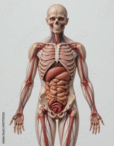 Title Detailed Human Musculature and Skeletal System Anatomy Art Suitable for medical textbooks, educational websites, anatomy presentations, fitnessrelated materials, and healthcare content.