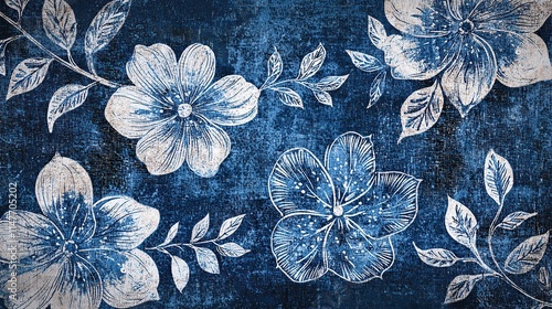 Blue floral pattern vintage ethnic modern tapestry embroidery texture boho design