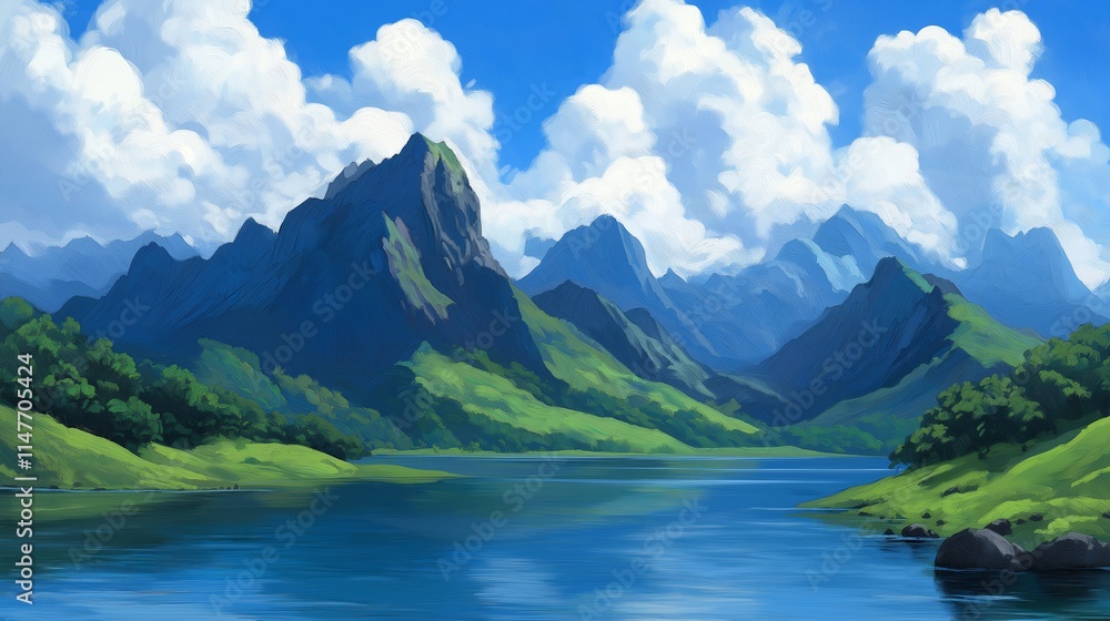 A breathtaking view of majestic mountains reflected in a serene lake, surrounded by lush greenery and bright blue skies. Perfect for nature lovers. A breathtaking view of majestic mountains reflected in a serene lake, surrounded by lush greenery and bright blue skies. Perfect for nature lovers.