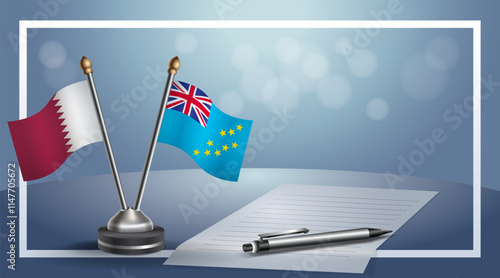 Qatar and Tuvalu National flags on small table with bokeh background, cooperative relationship