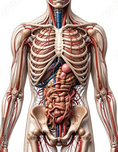 Title Detailed Human Musculature and Skeletal System Anatomy Art Suitable for medical textbooks, educational websites, anatomy presentations, fitnessrelated materials, and healthcare content. photo