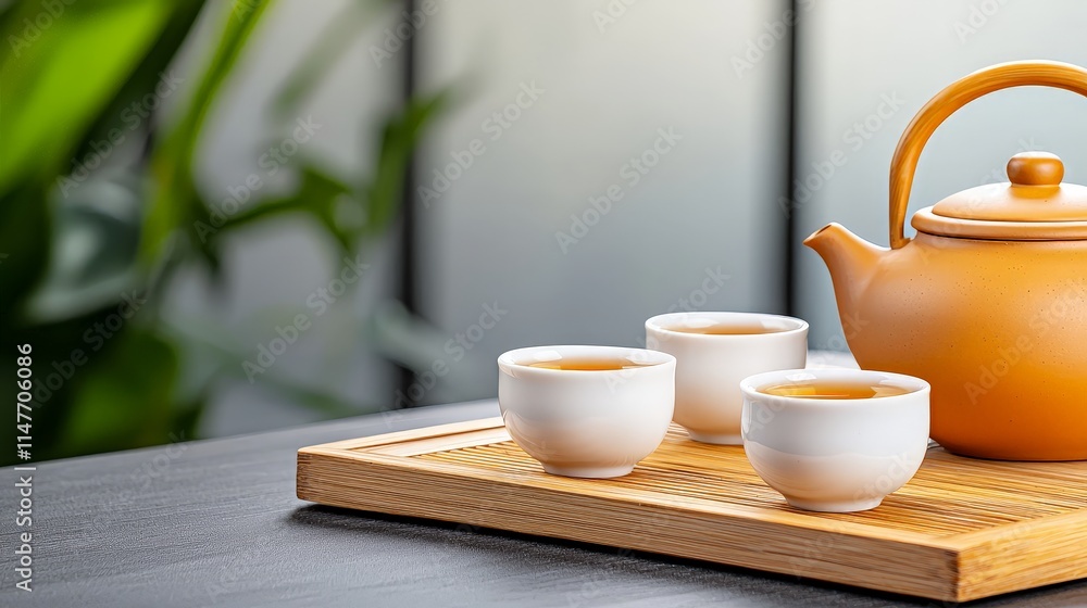 Traditional Ceramic Tea Set on Bamboo Tray Traditional Ceramic Tea Set on Bamboo Tray