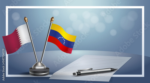 Qatar and Venezuela National flags on small table with bokeh background, cooperative relationship