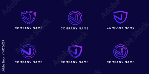 Set bundle letters N with shield and circle tech logo design