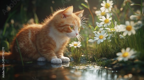 Orange tabby kitten sitting near daisies by a calm stream with soft evening light. photo