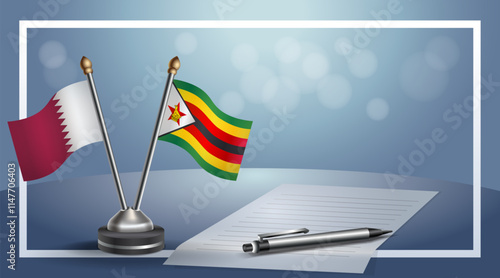 Qatar and Zimbabwe National flags on small table with bokeh background, cooperative relationship