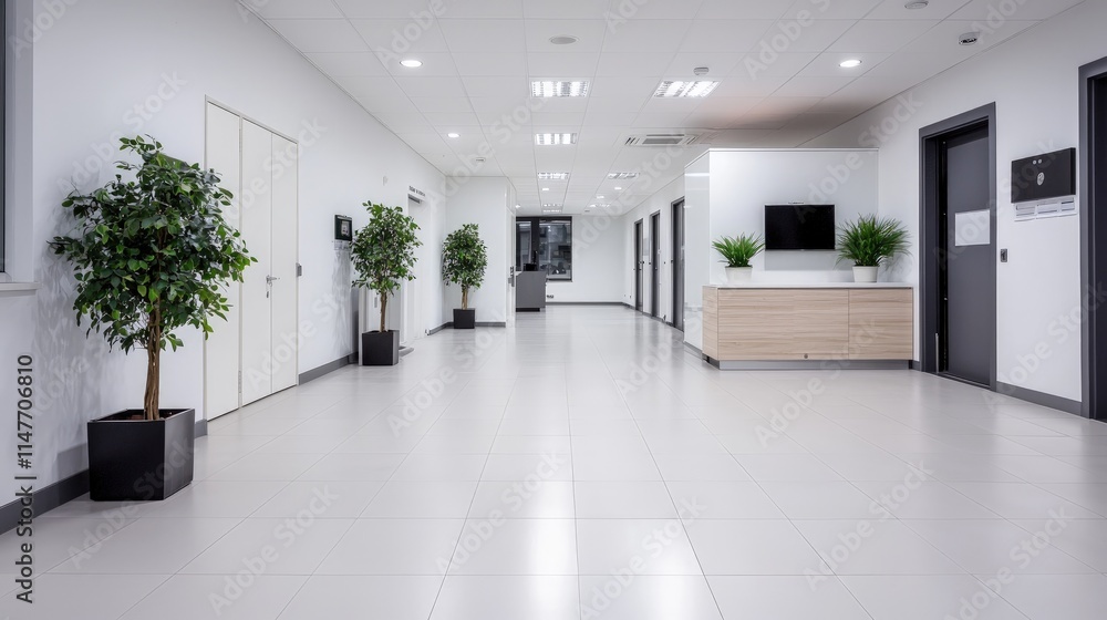 Fototapeta premium Modern, bright office hallway with plants and doors.