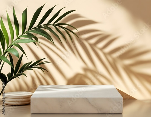 Wallpaper Mural Beige stone and a piece of grey podium tile on a beige background, a natural background with a shadow of tropical plant for your product Torontodigital.ca