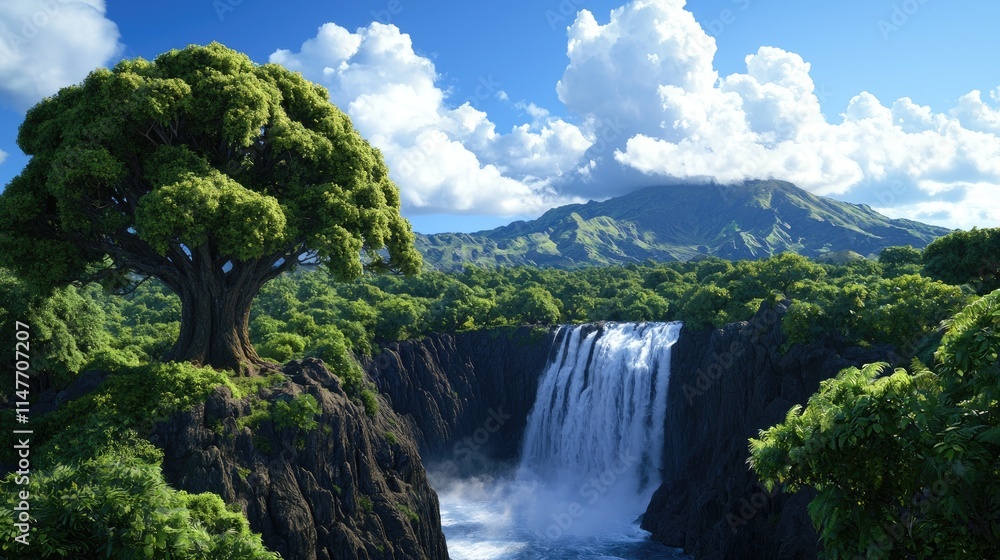 Naklejka premium Majestic waterfall cascading through lush green jungle nature landscape vibrant environment serene viewpoint