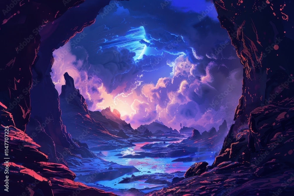Fototapeta premium A View of a Fantastical Landscape Through a Cave Opening