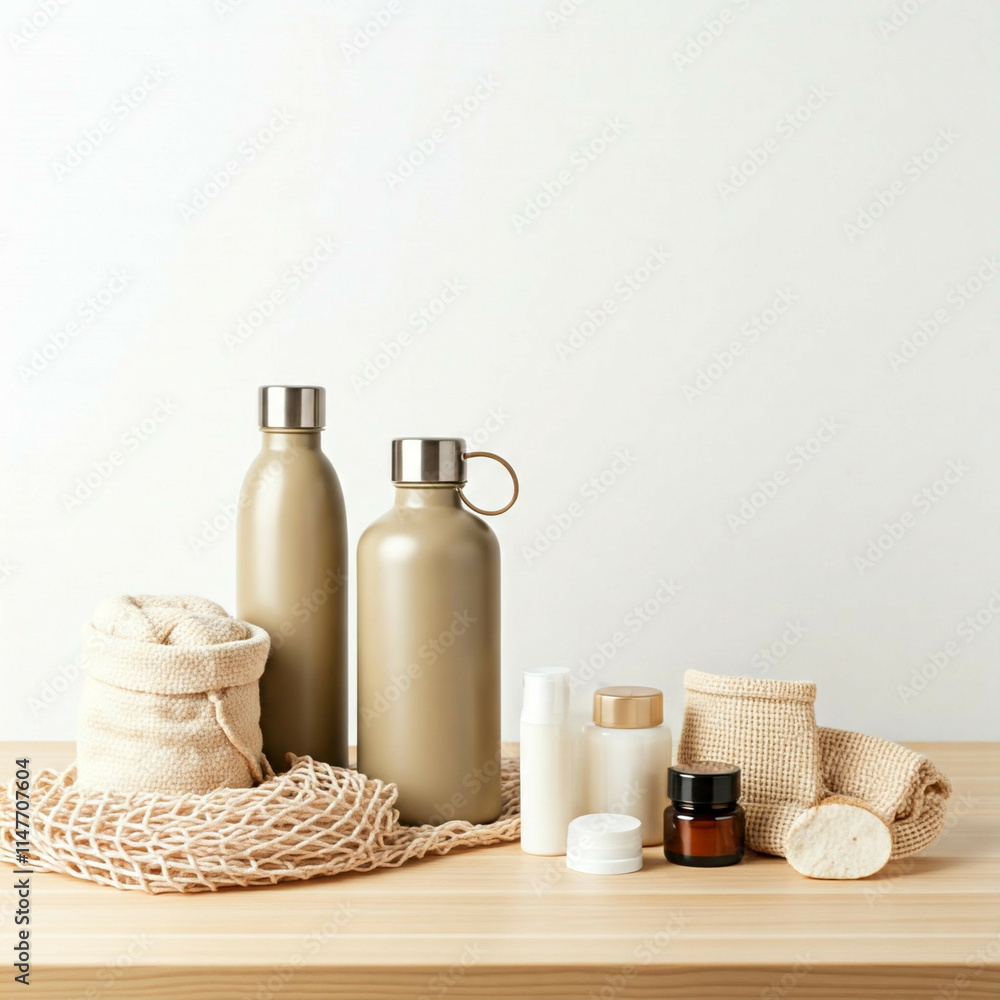 beige and brown bottles and cream jars on natural wood table with a natural cotton bag and white makeup remover pad beige and brown bottles and cream jars on natural wood table with a natural cotton bag and white makeup remover pad