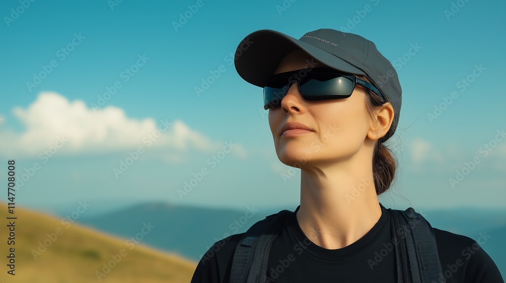 A determined woman enjoys a moment of calm while hiking in the mountains, showcasing her spirit of adventure and love for nature. A determined woman enjoys a moment of calm while hiking in the mountains, showcasing her spirit of adventure and love for nature.