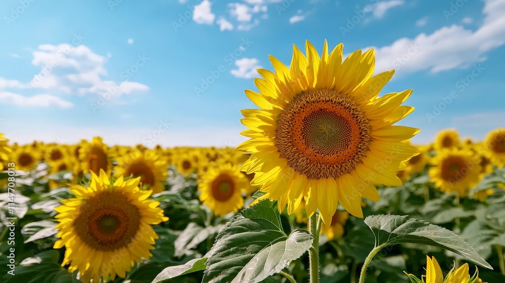 Golden Sunflower Field Under Blue Sky