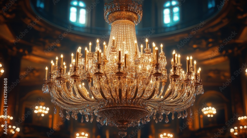 Obraz premium Grand crystal chandelier illuminates ornate hall.