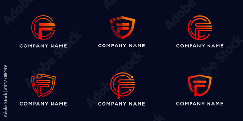 Set bundle letters F with shield and circle tech logo design