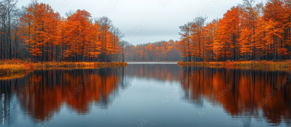 Obraz premium Autumn forest reflected in a calm lake.