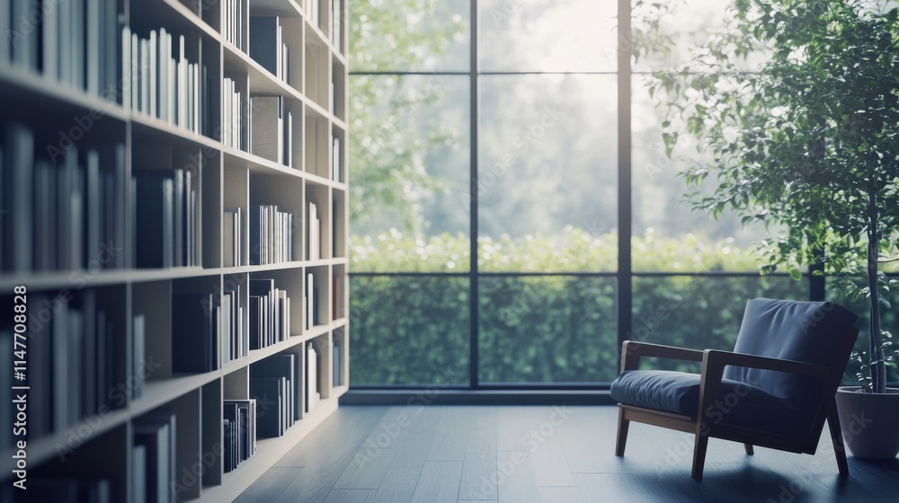 Fototapeta premium Minimalist modern home library with clean, organized design. Featuring neutral tones and sleek shelving