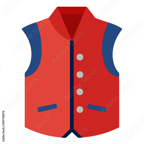 red and blue gilet, sleeveless vest, waistcoat with buttons and pockets on transparent background