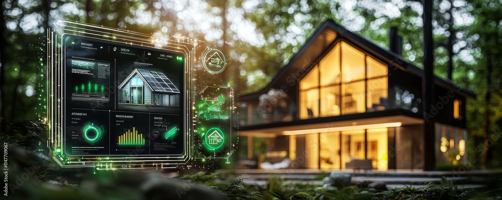 Fototapeta premium A modern, smart home nestled in the woods, featuring digital interfaces showcasing energy metrics and environmental data.