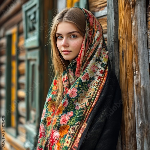 Folk style in Moscow region architecture with Russian girl in shawl. photo